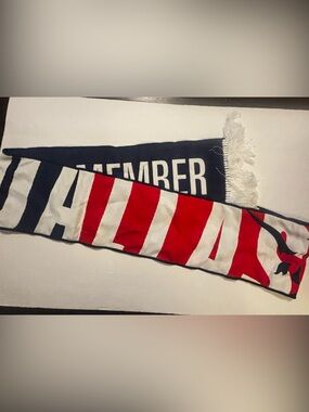 Red and White Striped Scarf with Navy Lettering